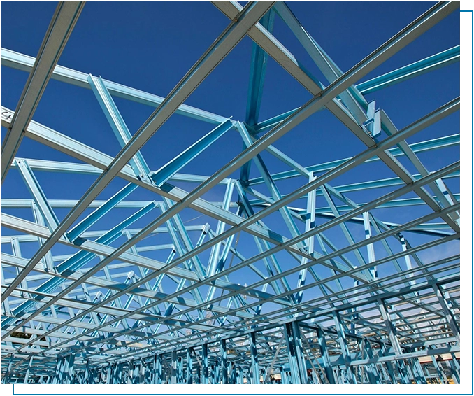 A blue metal structure under a clear sky.